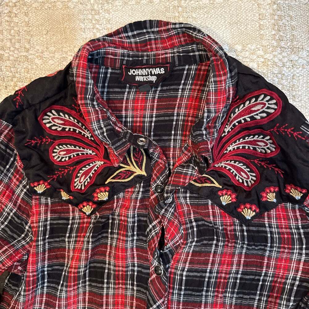 Johnny Was Workshop Ida Plaid Embroidered Western Puff Sleeve Shirt